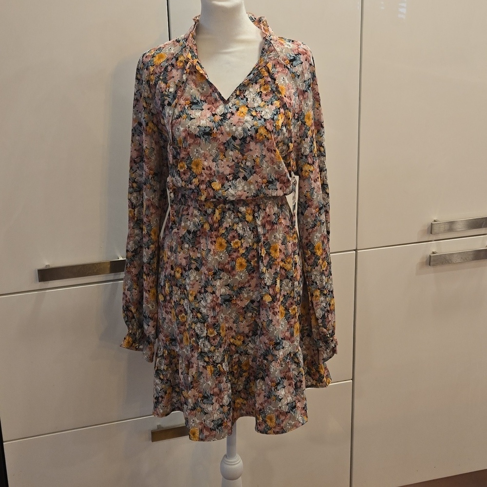 NWT Allegra K Womens Boho Floral Long Sleeve Ruffle Chiffon Size Large